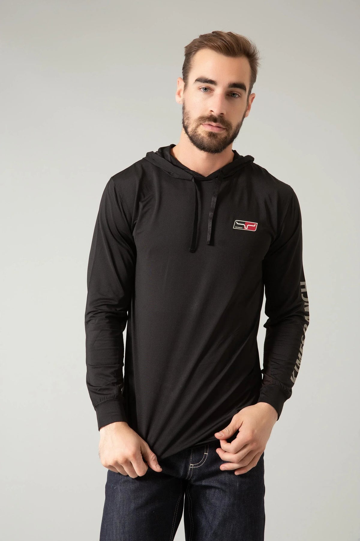 Kimes Ranch Ninja Hood Tech Tee Shirt in black with a chest logo and sleeve text