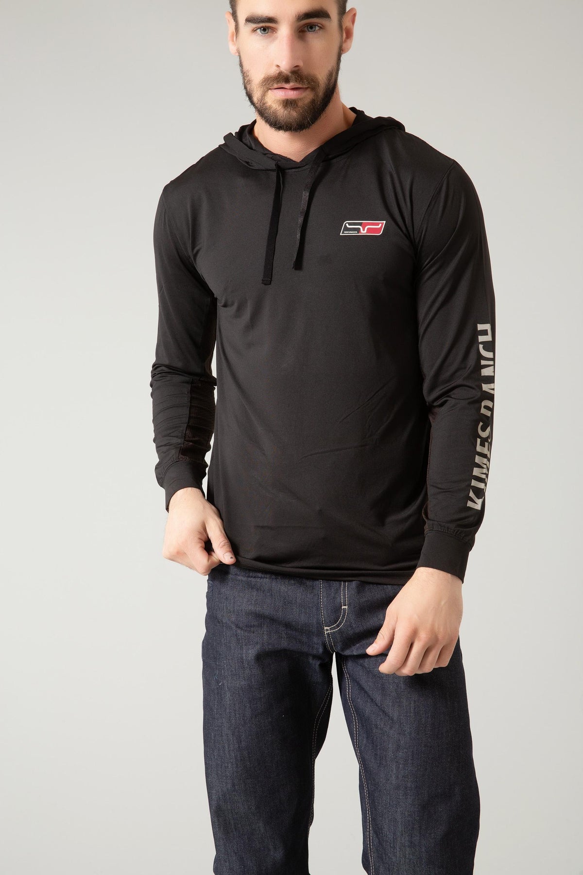 Kimes Ranch Ninja Hood Tech Tee Shirt in black with a chest logo and Kimes Ranch text on the sleeve