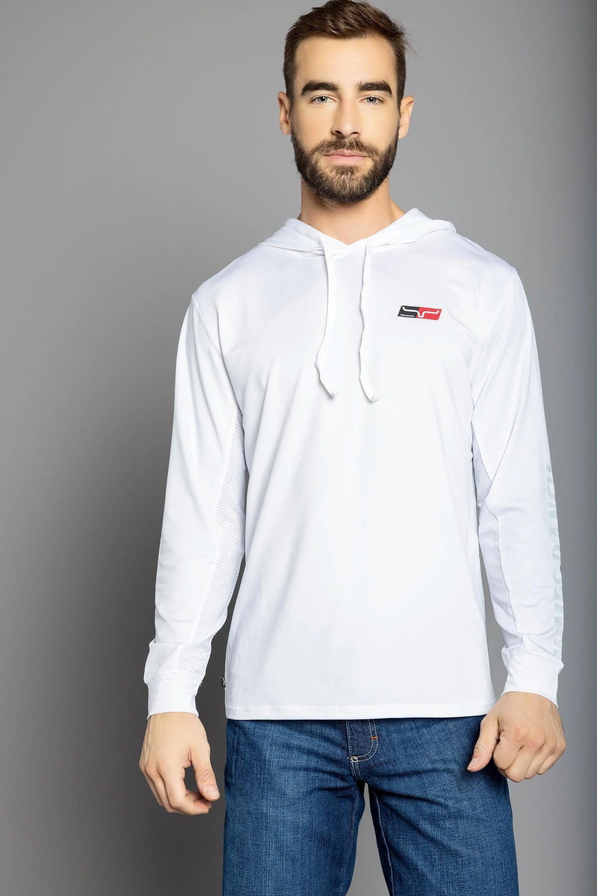 Kimes Ranch Ninja Hood Tech Tee Shirt in white with a chest logo and mesh side panels