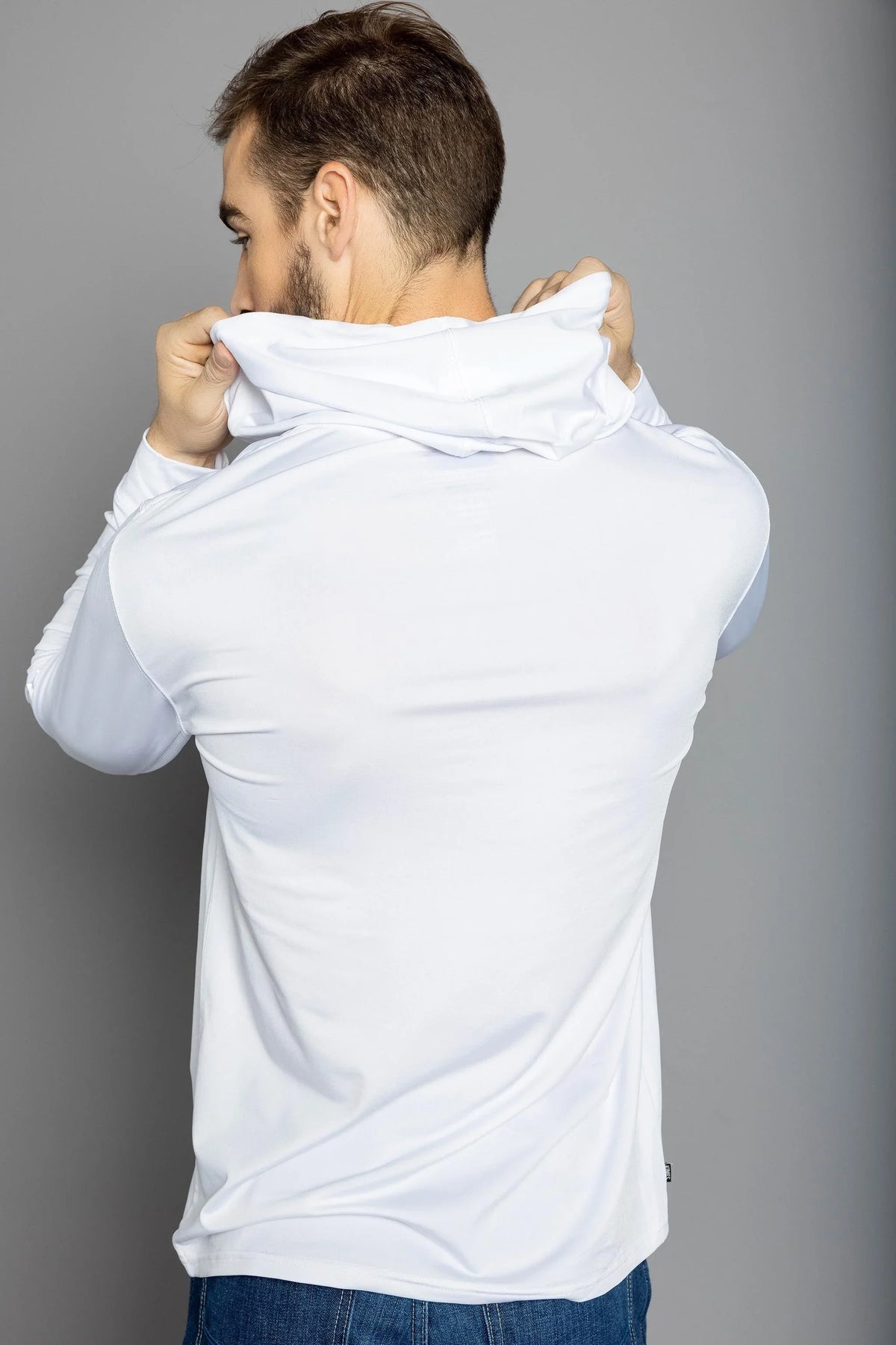 Kimes Ranch Ninja Hood Tech Tee Shirt, back view, in white with a high collar and long sleeves