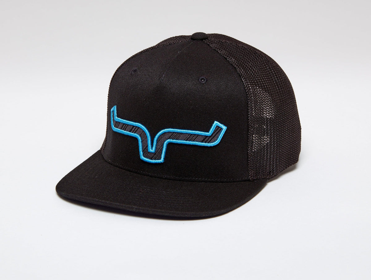 Kimes Ranch Nite Train 110 Hat in Black with a blue embroidered steer logo on the front panel