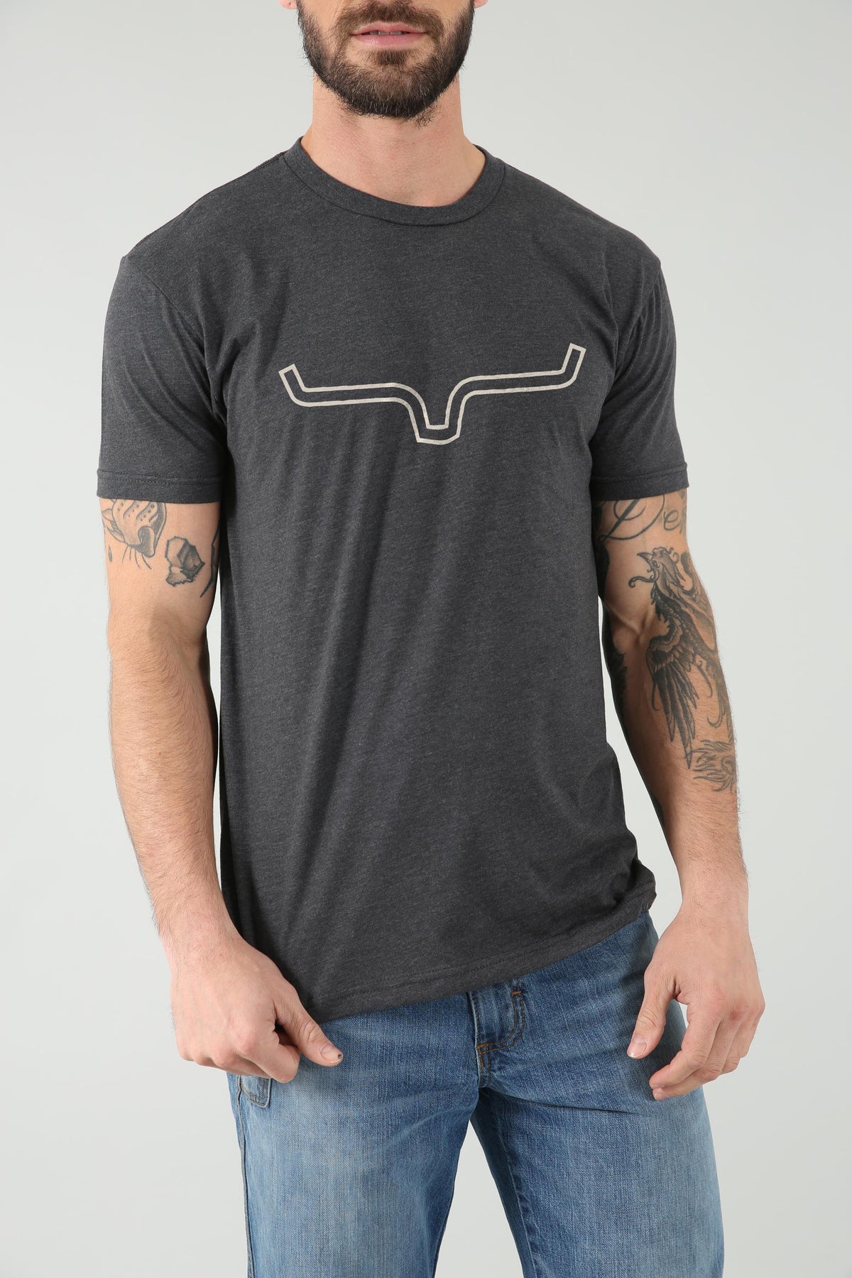 Kimes Ranch Outlier Shirt in Charcoal with a stylized steer logo on the chest
