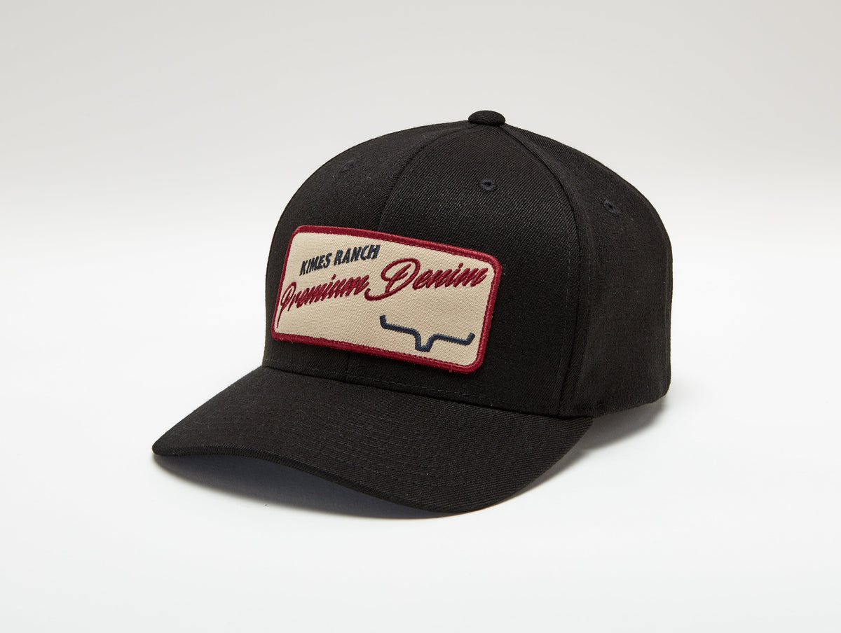 Kimes Ranch Premium Denim Hat in Black with a front patch featuring the Kimes Ranch logo and Premium Denim text