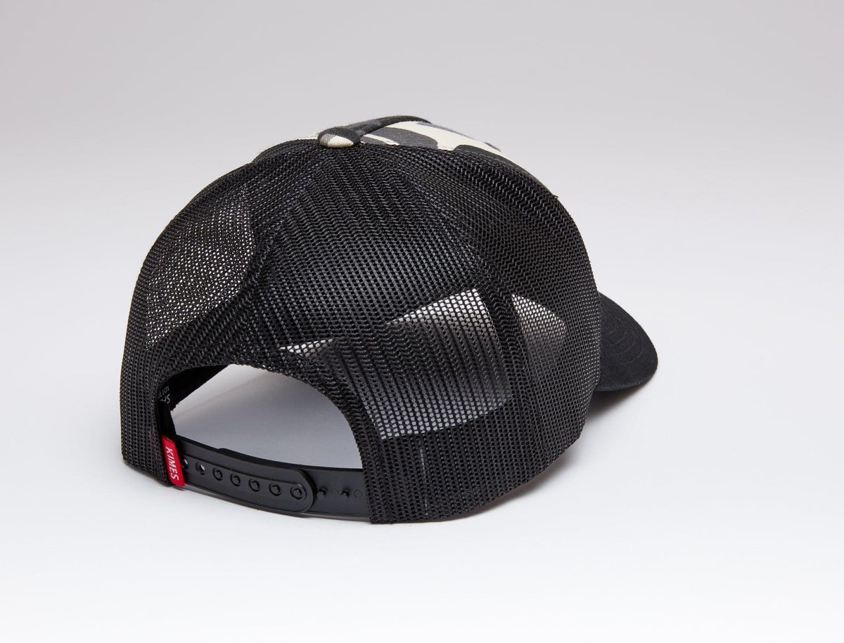 Kimes Ranch Roped LP Trucker Hat, back view, in black with mesh back and adjustable snap closure