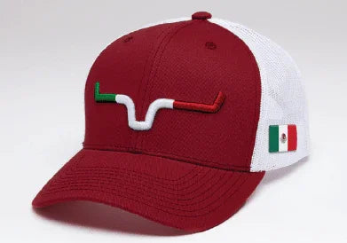 Kimes Ranch Semana Trucker Hat in Red with white mesh back and embroidered steer logo in Mexican flag colors