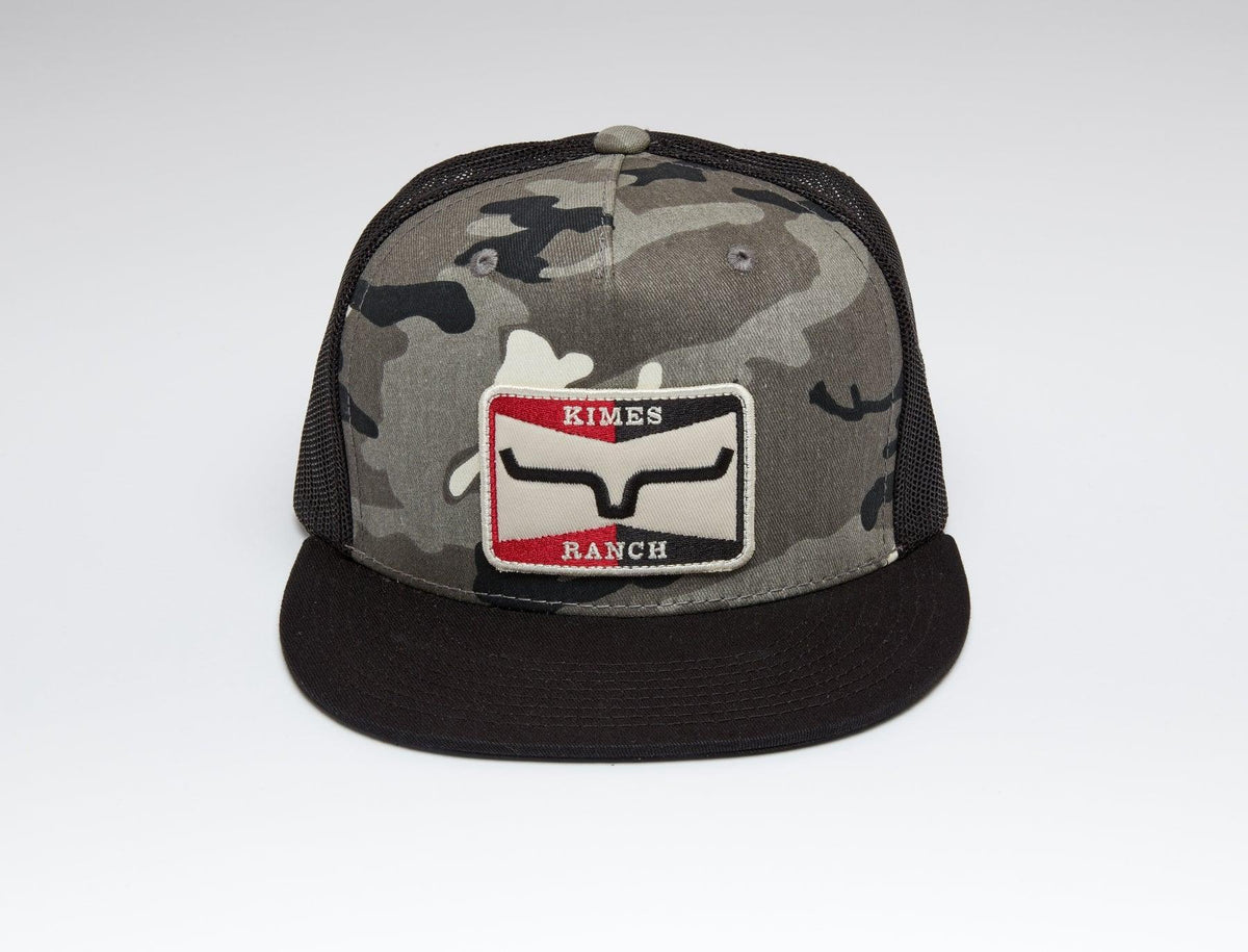 Kimes Ranch Sparky Trucker Hat in grey camouflage with black mesh and brim, featuring the Kimes Ranch logo patch
