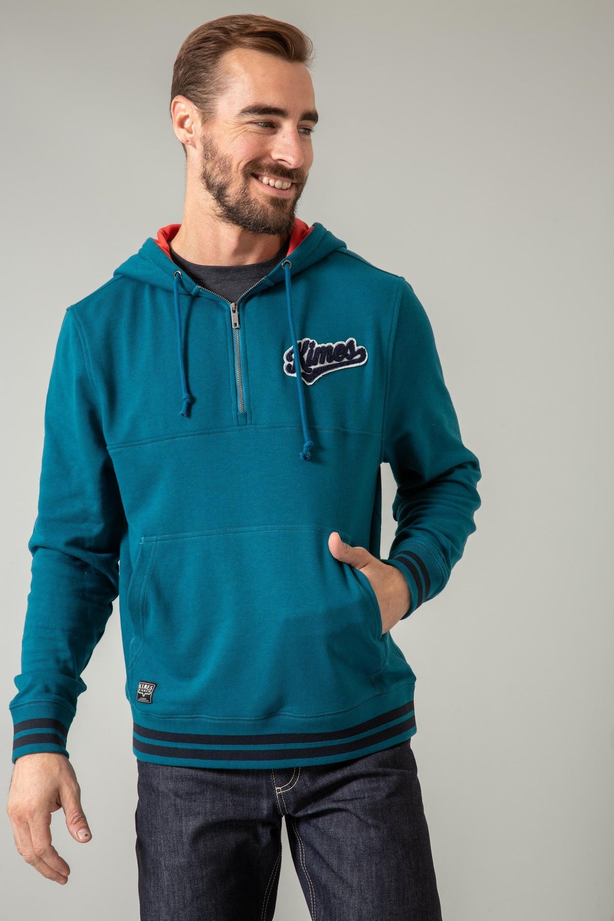 Kimes Ranch Team One Hoodie in Dark Blue with a half-zip front, kangaroo pocket, and embroidered Kimes Ranch logo