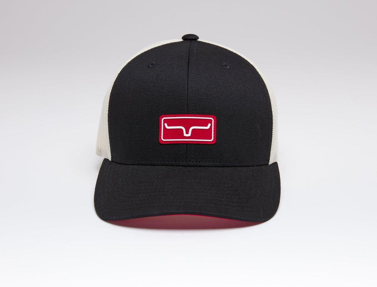 Kimes Ranch Team Pro Trucker Hat in black with cream mesh back and red logo patch