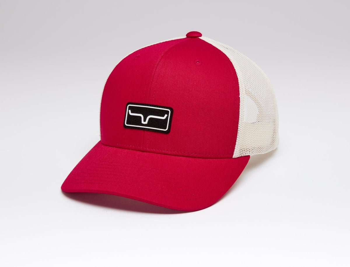 Kimes Ranch Team Pro Trucker Hat in Red, side view, with white mesh back and Kimes Ranch logo patch
