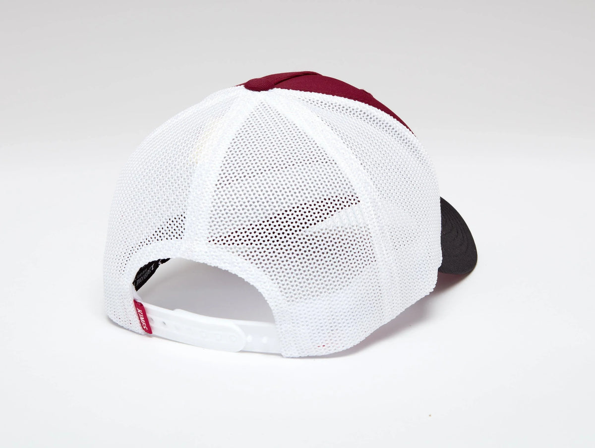 Kimes Ranch Tech Division 110 Hat, back view, in white with maroon front and black brim