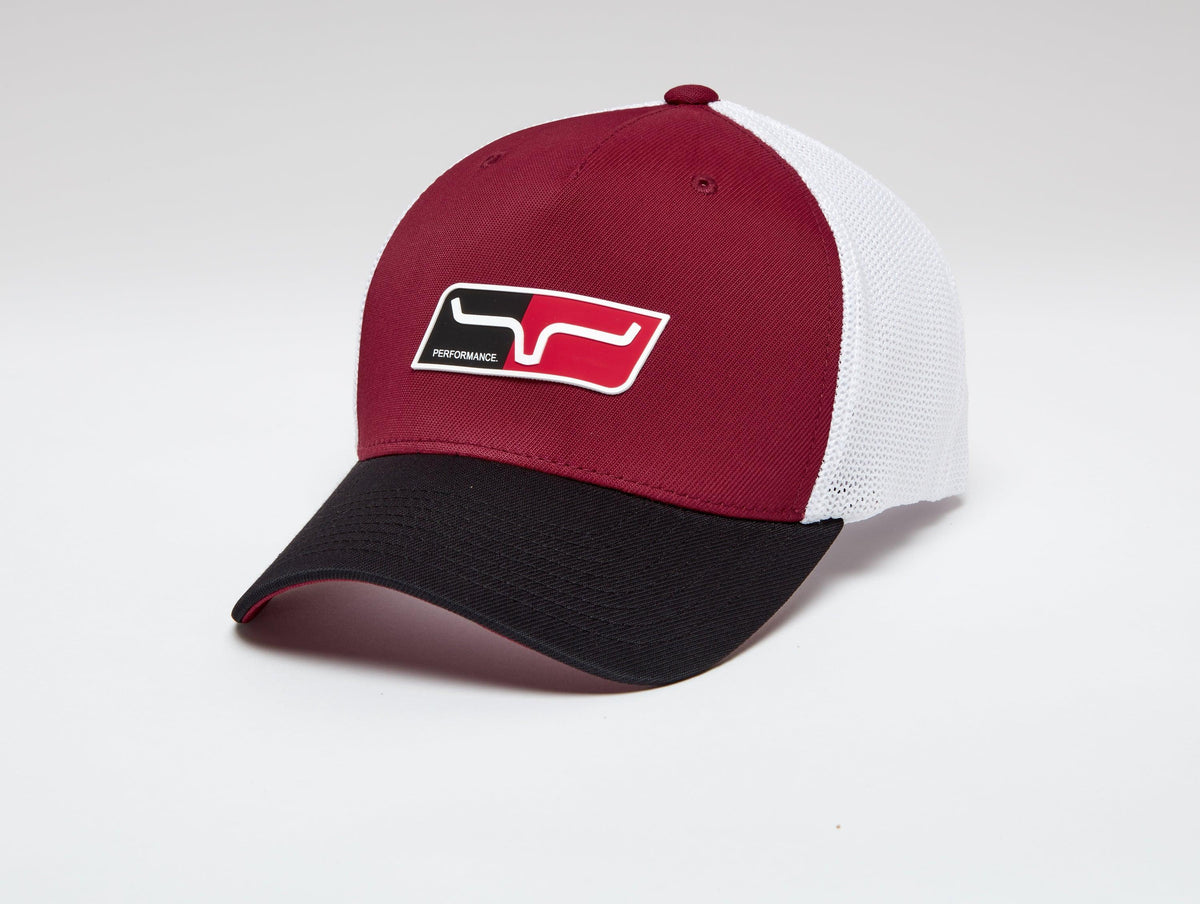 Kimes Ranch Tech Division 110 Hat in Dark Red, side view, with white mesh back and black brim