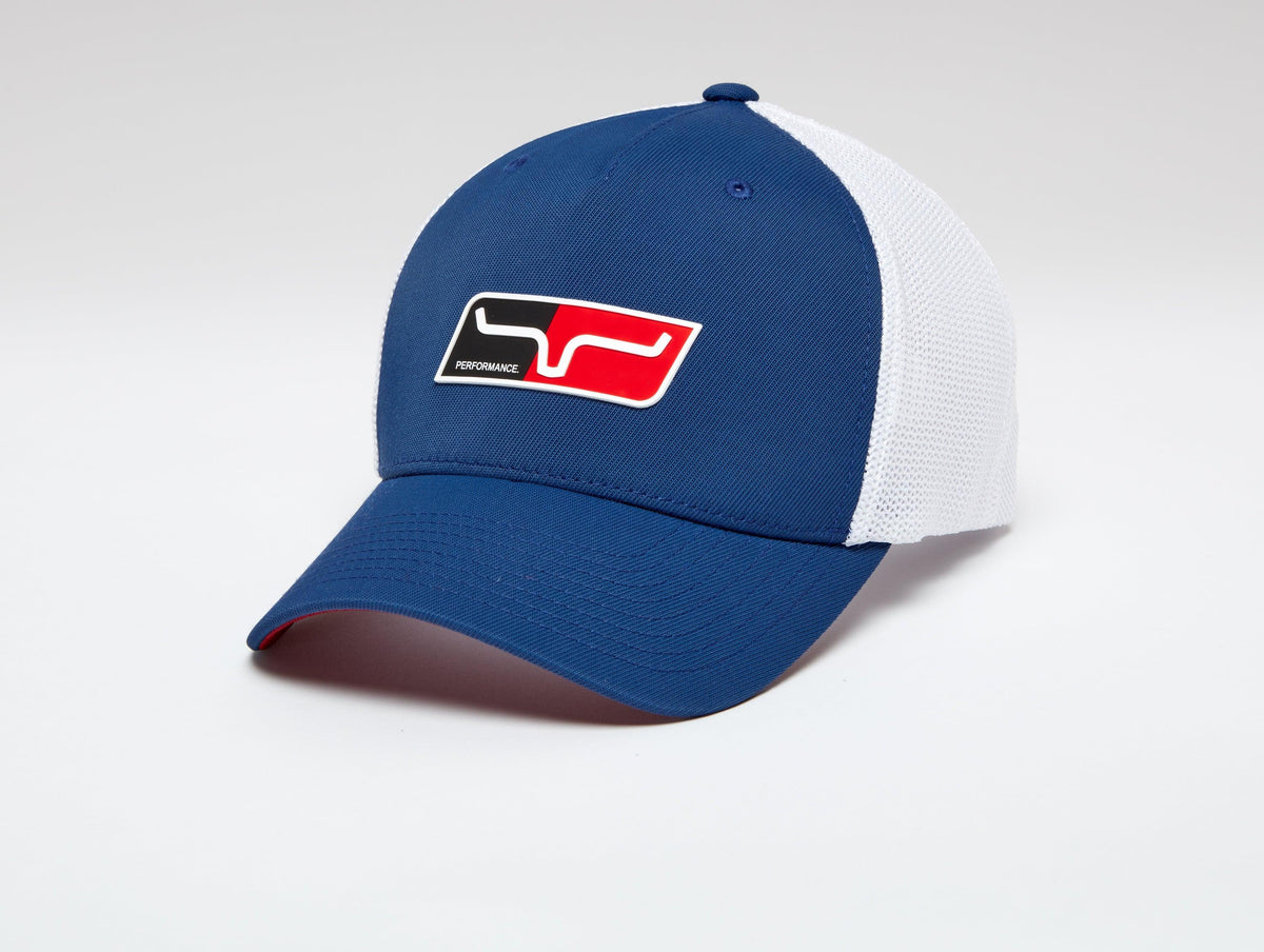 Kimes Ranch Tech Division 110 Hat in Navy, side view, with white mesh back and red, black, and white Performance logo patch