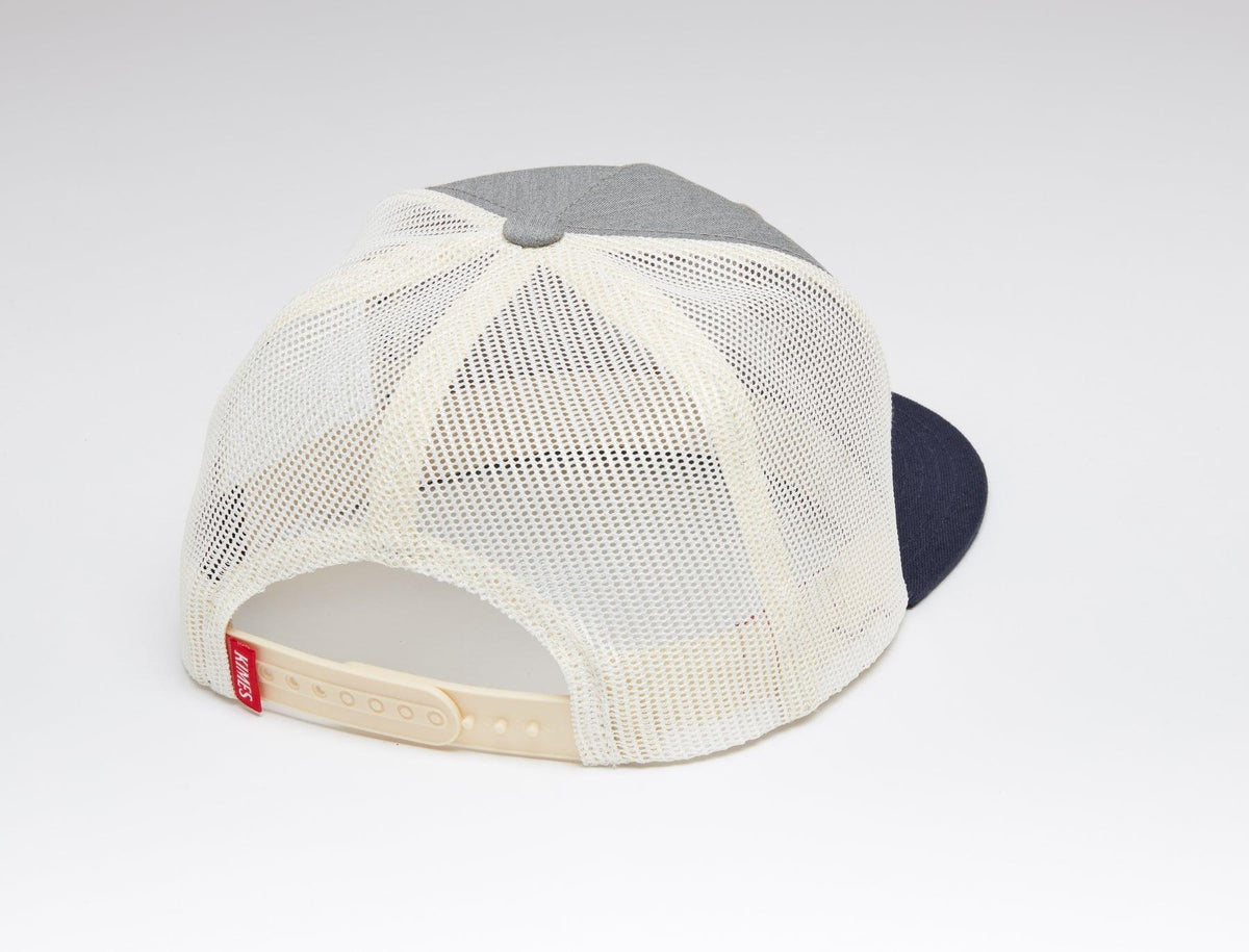 Kimes Ranch Texas Trucker Hat, back view, with cream mesh back panels and grey front crown
