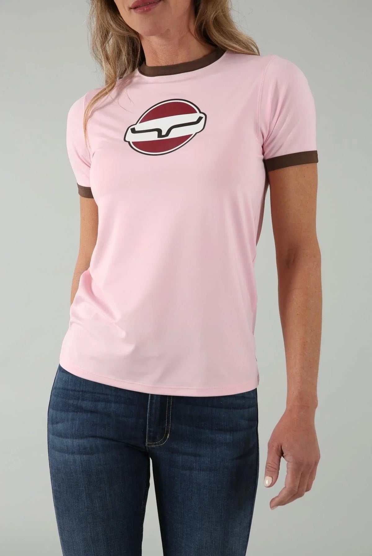 Kimes Ranch Union Made Ringer Tech Tee Shirt in Blush with brown trim and a red and white logo on the chest