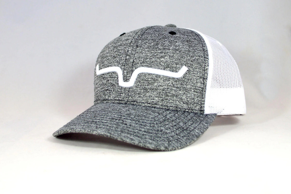 Kimes Ranch Weekly Trucker Hat, side view, in grey heather with white mesh back and white logo