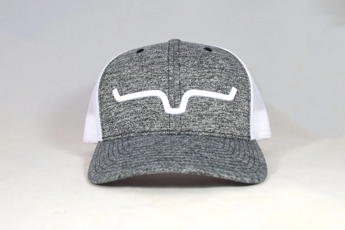 Kimes Ranch Weekly Trucker Hat in Grey Heather with white mesh back and Kimes Ranch logo