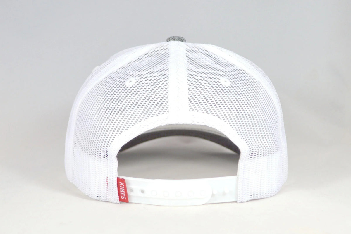 Kimes Ranch Weekly Trucker Hat in Grey Heather, back view, with white mesh back and red Kimes Ranch logo tag