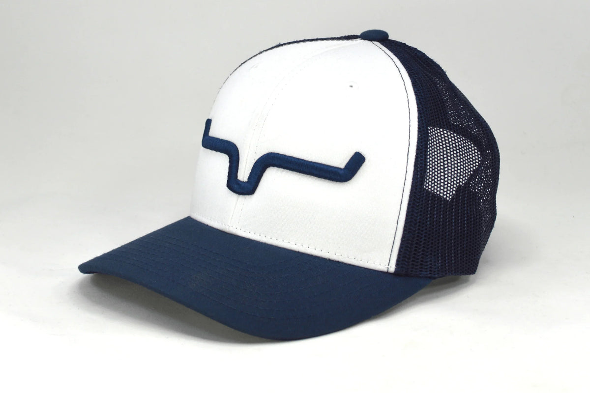 Kimes Ranch Weekly Trucker Hat, side view, in white and navy with embroidered Kimes Ranch logo on front