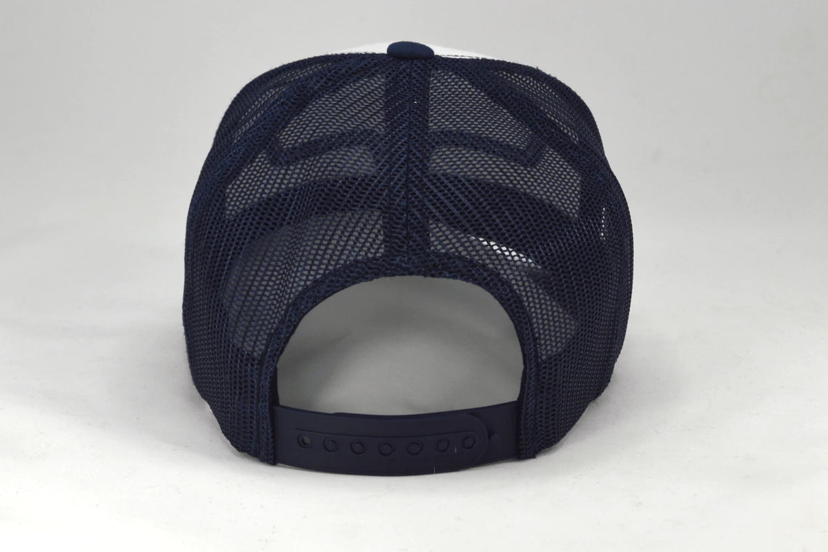 Kimes Ranch Weekly Trucker Hat in Navy White, back view, with mesh back and adjustable snap closure